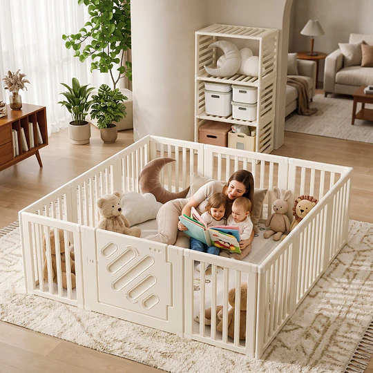 Corral de Juegos Infantil Modular con Puerta de Seguridad Plástico Blanco Crema | 200x180x68 cm