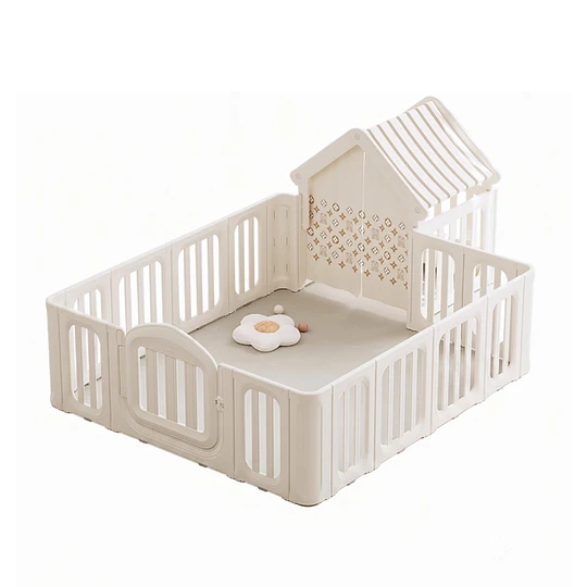 Corral de Juegos Infantil con Casita Refugio y Puerta de Seguridad Plástico Beige Cálido | 114x180x200 cm