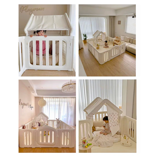 Corral de Juegos Infantil con Casita Refugio y Puerta de Seguridad Plástico Beige Cálido | 114x180x200 cm