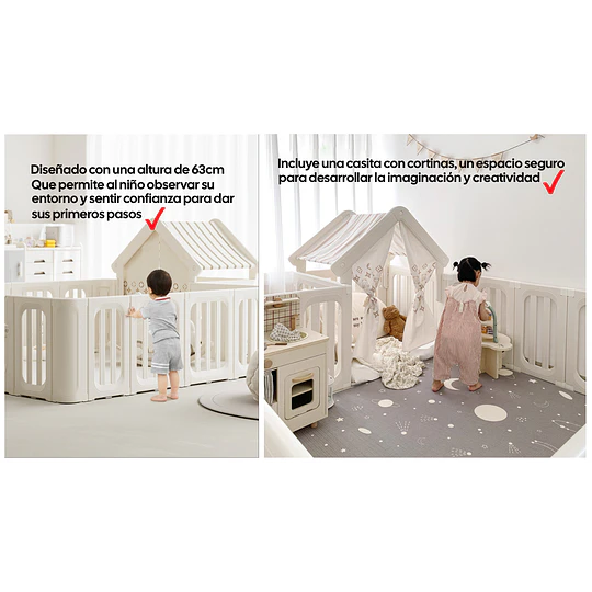Corral de Juegos Infantil con Casita Refugio y Puerta de Seguridad Plástico Beige Cálido | 114x180x200 cm
