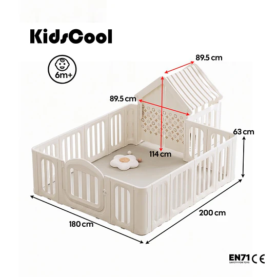 Corral de Juegos Infantil con Casita Refugio y Puerta de Seguridad Plástico Beige Cálido | 114x180x200 cm