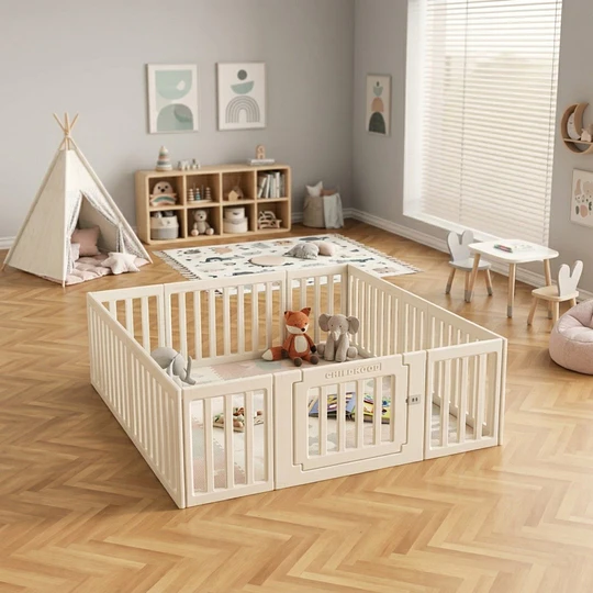 Corral de Juegos Infantil Modular con Puerta de Seguridad, Plástico Off White (65x180x200 cm)