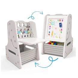 Escritorio y Pizarra de Dibujo Infantil Convertible 4 en 1 Plástico Blanco y Gris | 69x44x47 cm