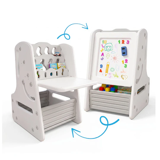 Escritorio y Pizarra de Dibujo Infantil Convertible 4 en 1 Plástico Blanco y Gris | 69x44x47 cm