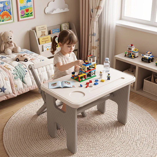 Mesa y Silla Infantil Plegables Plástico Blanco Gris 45x70x45 cm