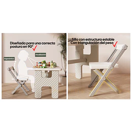 Mesa y Silla Infantil Plegables Plástico Blanco Gris 45x70x45 cm