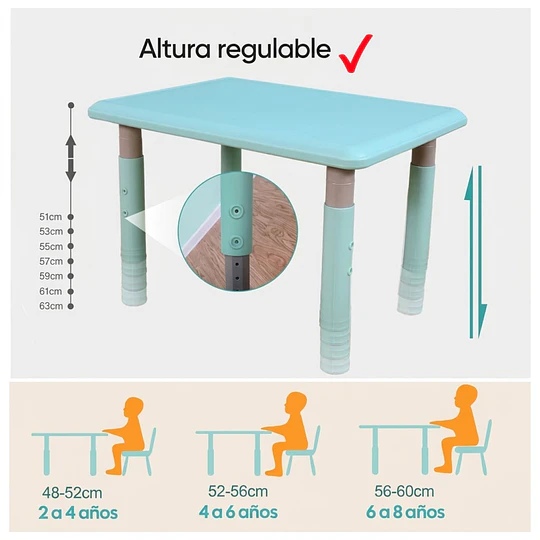 Mesa Infantil Ajustable en Altura Evolutiva Verde Menta | 60x80x60 cm