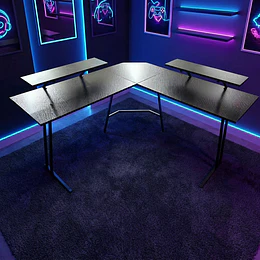 Escritorio Gamer en L con Luces LED, Doble Repisa para Monitor y Cubierta Fibra de Carbono 130 x 88 x 130 cm