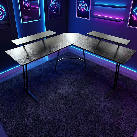 Escritorio Gamer en L Be Design con Doble Repisa para Monitores y Luces LED