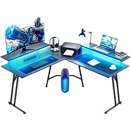 Escritorio Gamer en L con Luces LED, Doble Repisa para Monitor y Cubierta Fibra de Carbono 130 x 88 x 130 cm