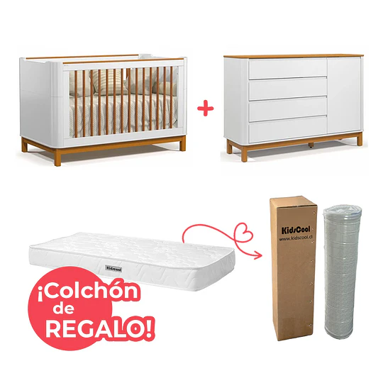 Cuna Infantil 3 Funciones Flow + Cómoda Mudador Infantil Kidscool Flow Blanca Eco Wood 4 Cajones 1 Puerta + ¡Colchón de Regalo!