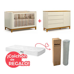 Set Habitación Flow Beige Eco Wood: Cuna 3 en 1 + Cómoda 4 Cajones con Puerta + ¡Colchón de Regalo!!