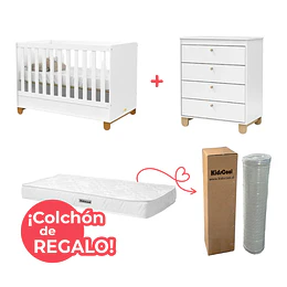 Set Habitación Zupi Blanco: Cuna de Madera + Cómoda + ¡Colchón de Regalo!
