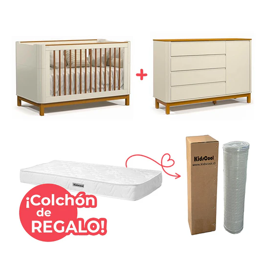 Retiro Express- Set Habitación Flow Beige Eco Wood: Cuna 3 en 1 + Cómoda 4 Cajones con Puerta + ¡Colchón de Regalo!
