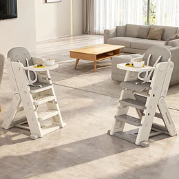 Silla Alta Escalera Infantil Multiuso con Bandeja Plástico Crema Gris 89x53x61 cm 