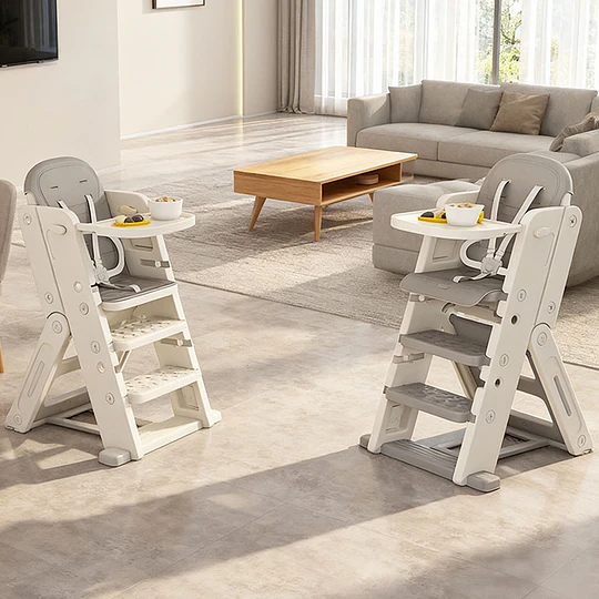 Silla Alta Escalera Infantil Multiuso con Bandeja Plástico Crema Gris 89x53x61 cm 