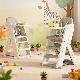 Silla Alta Escalera Infantil Multiuso con Bandeja Plástico Crema Gris 89x53x61 cm 