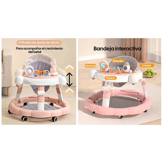 Andador de Bebé Multifunción 4 en 1 Antivuelco Plegable Kidscool - Rosado