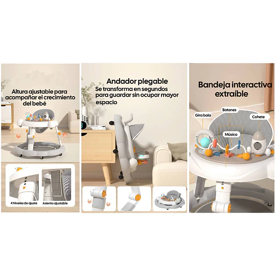 Andador de Bebé Multifunción 4 en 1 Antivuelco Plegable Kidscool - Gris