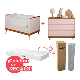 Combo Cuna Sognare Cancao Rosada + Cómoda Sognare Cancao Rosada + Colchon Cuna Kid 130 x 70 Cms