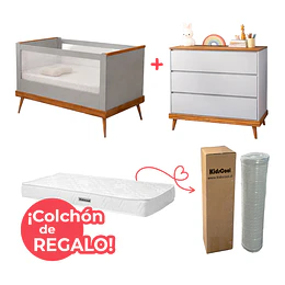 Combo Cuna Sognare Cancao Gris + Cómoda Sognare Cancao Gris + Colchon Cuna Kid 130 x 70 Cms