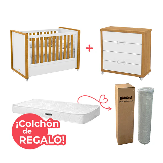 Set Habitación Tutto Blanco Caramelo: Cuna 2 Funciones + Cómoda 4 Cajones + ¡Colchón de Regalo!