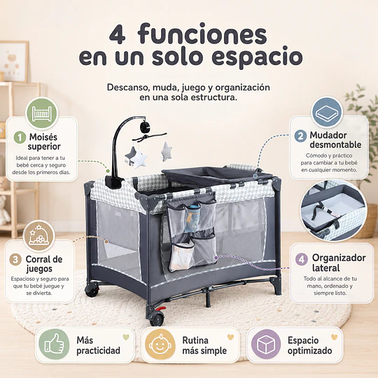 Cuna Corral Plegable de Viaje Kidscool con Mudador Organizador y Móvil 104 x 70 x 74 cm Gris Estampado 