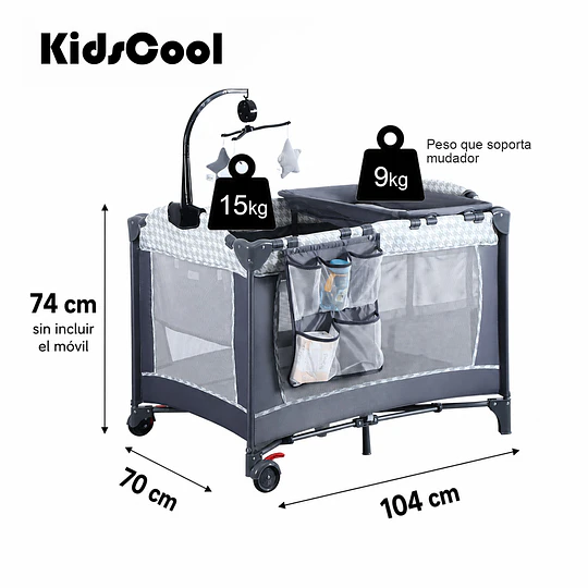 Cuna Corral Plegable de Viaje Kidscool con Mudador Organizador y Móvil 104 x 70 x 74 cm Gris Estampado 