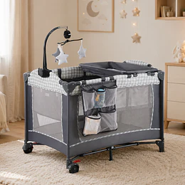 Cuna Corral Plegable de Viaje Kidscool con Mudador Organizador y Móvil 104 x 70 x 74 cm Gris Estampado -Preventa 10 de Septiembre