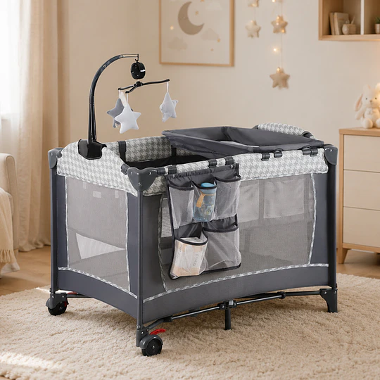 Cuna Corral Plegable de Viaje Kidscool con Mudador Organizador y Móvil 104 x 70 x 74 cm Gris Estampado 