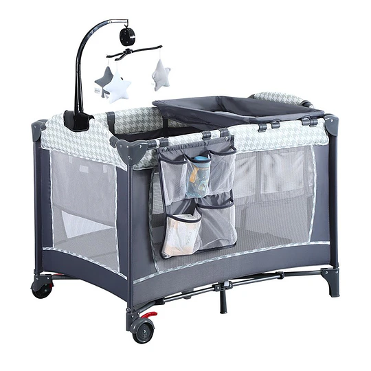 Cuna Corral Plegable de Viaje Kidscool con Mudador Organizador y Móvil 104 x 70 x 74 cm Gris Estampado 