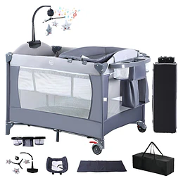 Cuna Corral Plegable de Viaje Kidscool Colecho con Mudador Organizador y Móvil 104 x 76 x 76 cm Gris - Preventa 10 de Septiembre