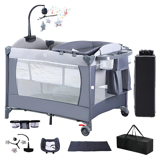 Cuna Corral Plegable de Viaje Kidscool con Mudador Organizador y Móvil 104 x 76 x 76 cm Gris 