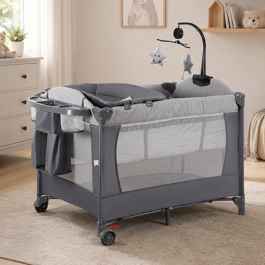 Cuna Corral Plegable de Viaje Kidscool con Mudador Organizador y Móvil 104 x 76 x 76 cm Gris 