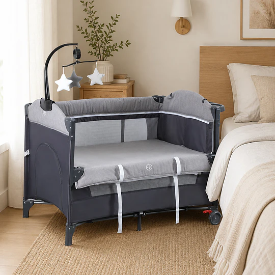 Cuna Corral Plegable de Viaje Kidscool con Mudador Organizador y Móvil 104 x 76 x 76 cm Gris 