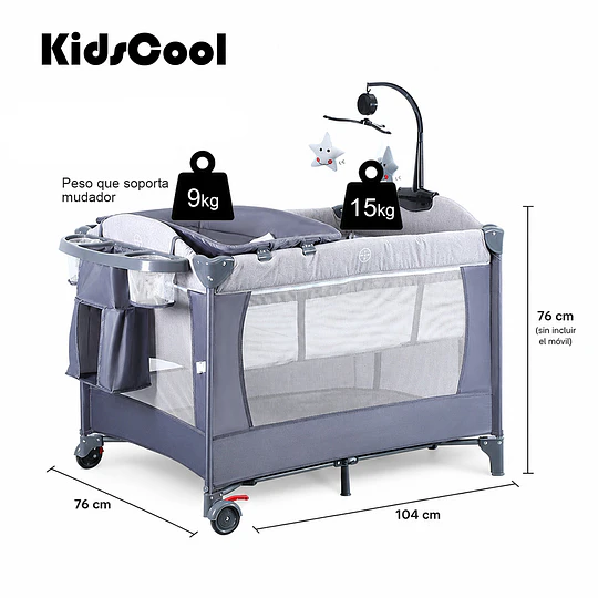Cuna Corral Plegable de Viaje Kidscool con Mudador Organizador y Móvil 104 x 76 x 76 cm Gris 