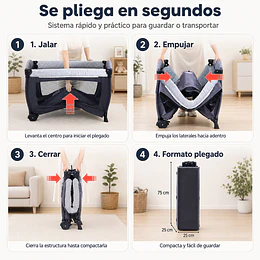 Cuna Corral Plegable de Viaje Kidscool Colecho con Mudador Organizador y Móvil 104 x 76 x 76 cm Gris - Preventa 10 de Septiembre