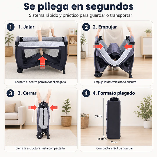 Cuna Corral Plegable de Viaje Kidscool con Mudador Organizador y Móvil 104 x 76 x 76 cm Gris 