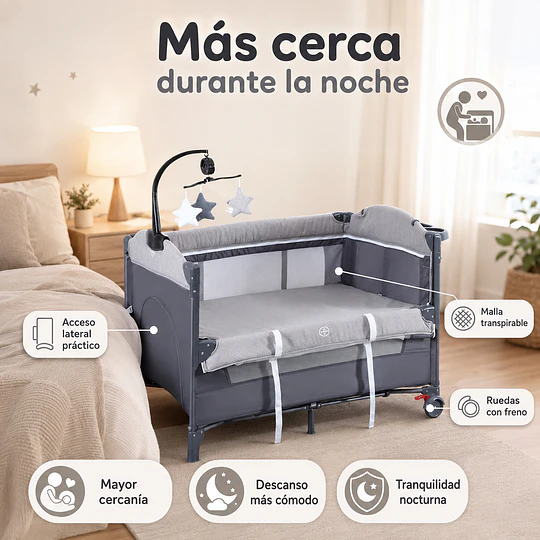 Cuna Corral Plegable de Viaje Kidscool con Mudador Organizador y Móvil 104 x 76 x 76 cm Gris 