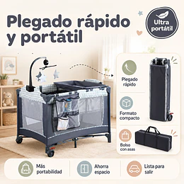 Cuna Corral Plegable de Viaje Kidscool Colecho con Mudador Organizador y Móvil 104 x 76 x 76 cm Gris - Preventa 10 de Septiembre