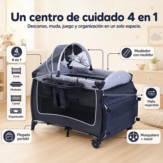 Cuna Corral Plegable de Viaje Kidscool con Mudador Mosquitero y Organizador 104 x 76 x 76 cm Gris