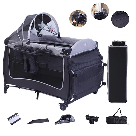 Cuna Corral Plegable de Viaje Kidscool con Mudador Mosquitero y Organizador 104 x 76 x 76 cm Gris