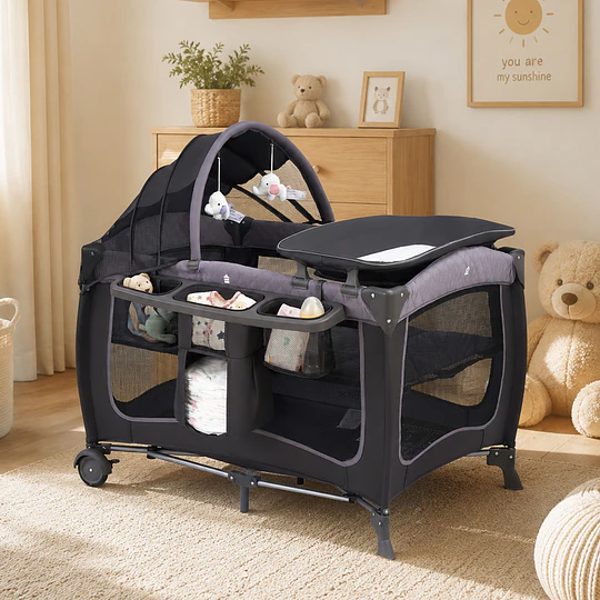 Cuna Corral Plegable de Viaje Kidscool con Mudador Mosquitero y Organizador 104 x 76 x 76 cm Gris