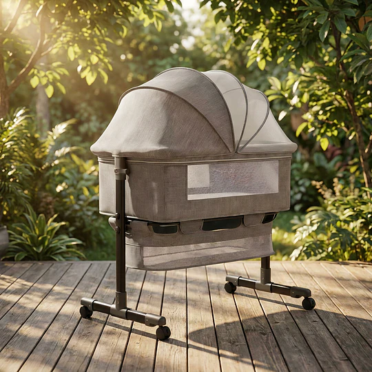 Cuna Colecho Compacta, Plegable, mecedora con Mosquitero Canasto Organizador y Ruedas Kidscool 90 x 50 X 80 cm Khaki