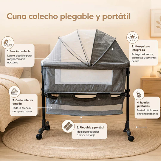 Cuna Colecho Compacta, Plegable, mecedora con Mosquitero Canasto Organizador y Ruedas Kidscool 90 x 50 X 80 cm Gris