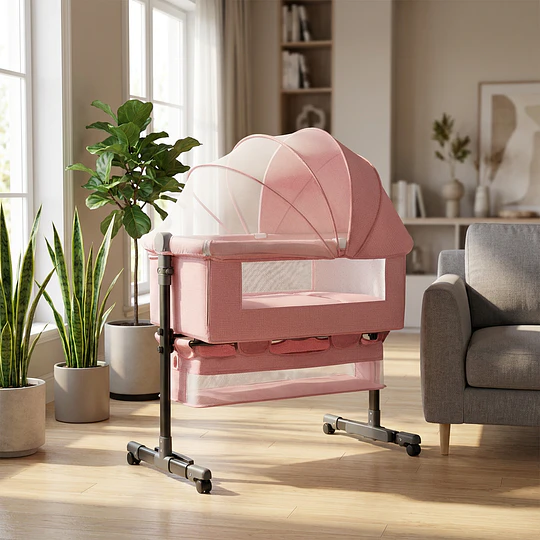 Cuna Colecho Compacta, Plegable, mecedora con Mosquitero Canasto Organizador y Ruedas Kidscool 90 x 50 X 80 cm Rosado