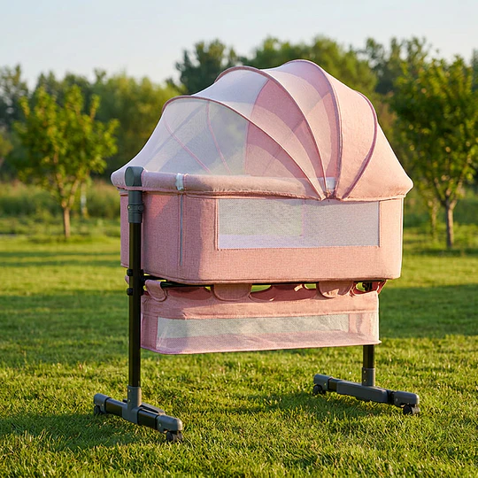 Cuna Colecho Compacta, Plegable, mecedora con Mosquitero Canasto Organizador y Ruedas Kidscool 90 x 50 X 80 cm Rosado
