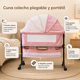 Cuna Colecho Compacta, Plegable, mecedora con Mosquitero Canasto Organizador y Ruedas Kidscool 90 x 50 X 80 cm Rosado