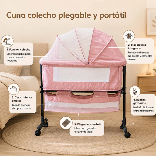 Cuna Colecho Compacta, Plegable, mecedora con Mosquitero Canasto Organizador y Ruedas Kidscool 90 x 50 X 80 cm Rosado