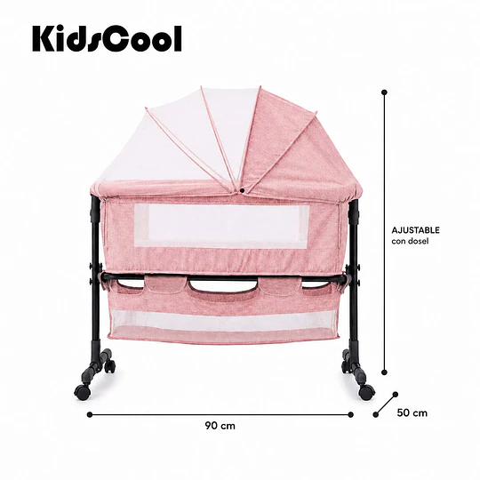 Cuna Colecho Compacta, Plegable, mecedora con Mosquitero Canasto Organizador y Ruedas Kidscool 90 x 50 X 80 cm Rosado